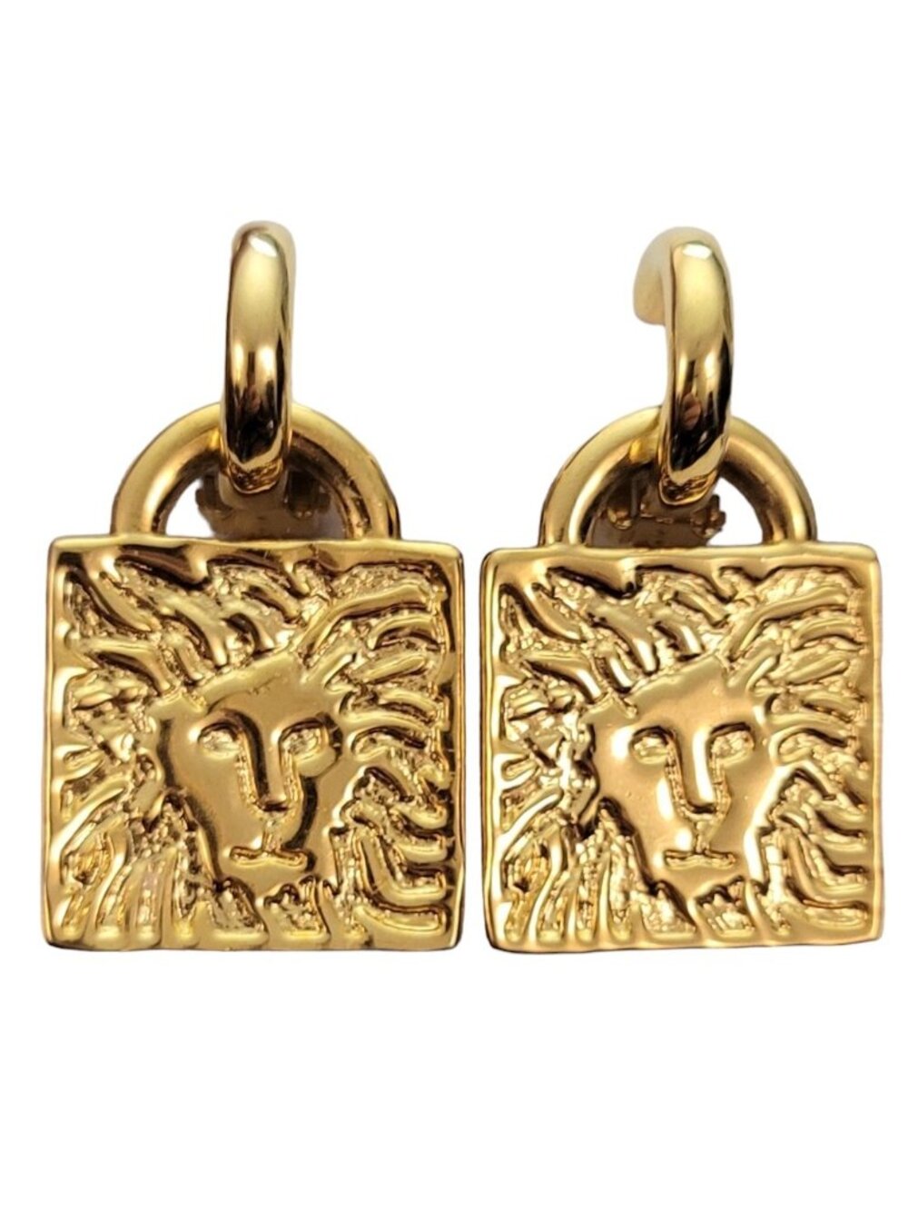 Anne Klein Gold-Tone Hoop Square Signature Lion Head Jacket Clip Earrings E965